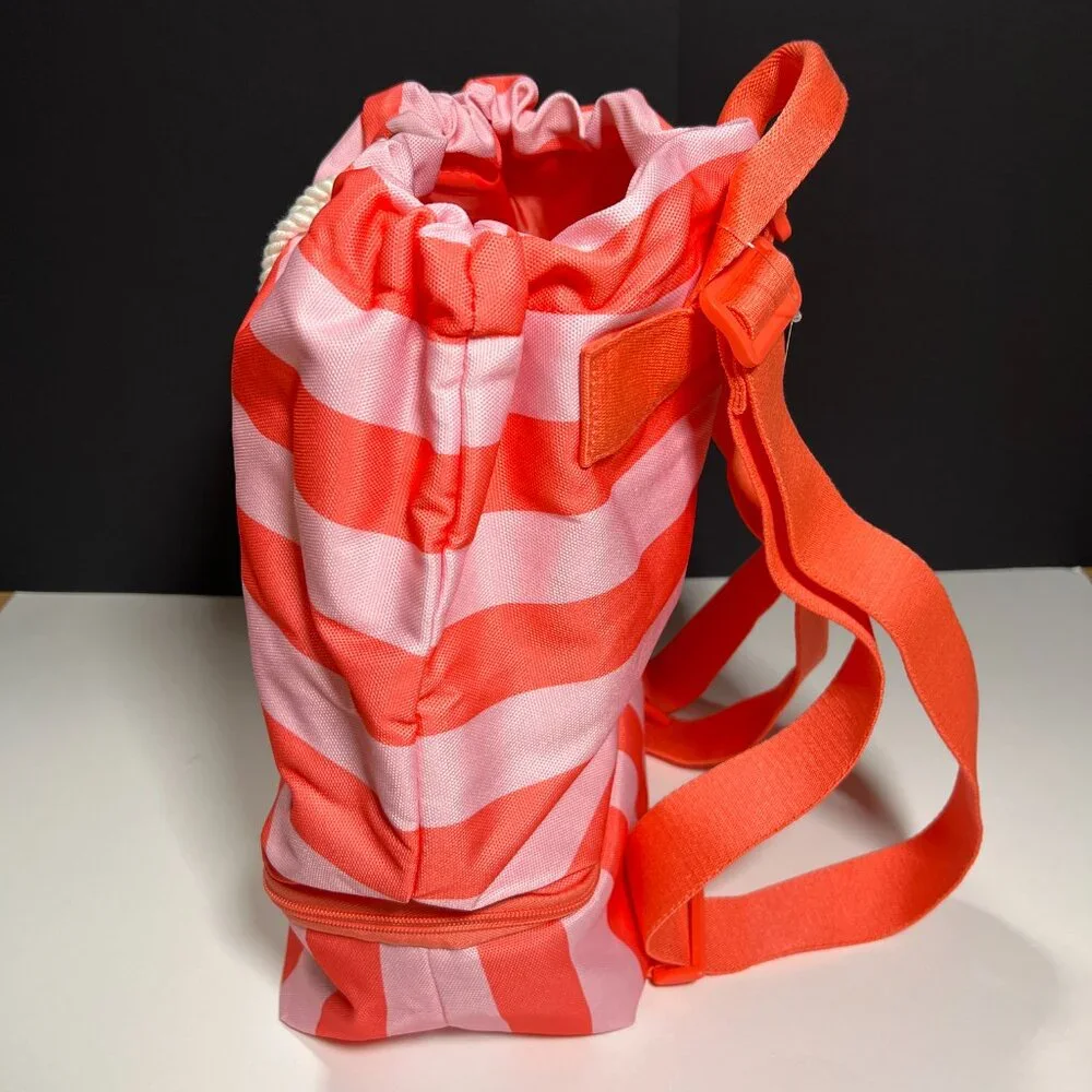 Victoria Secret Backpack Cooler Pocket Beach Bag Logo Drawstring Stripped Pink - Picture 6 of 14